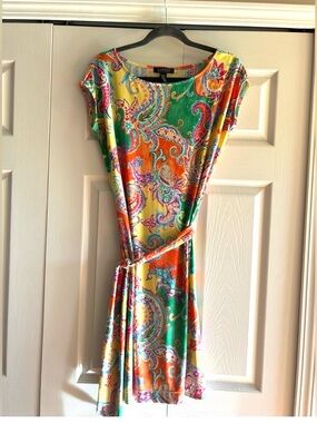 Lauren Ralph Lauren Paisley Multicolor Cap Short Sleeve Belted Dress Size M